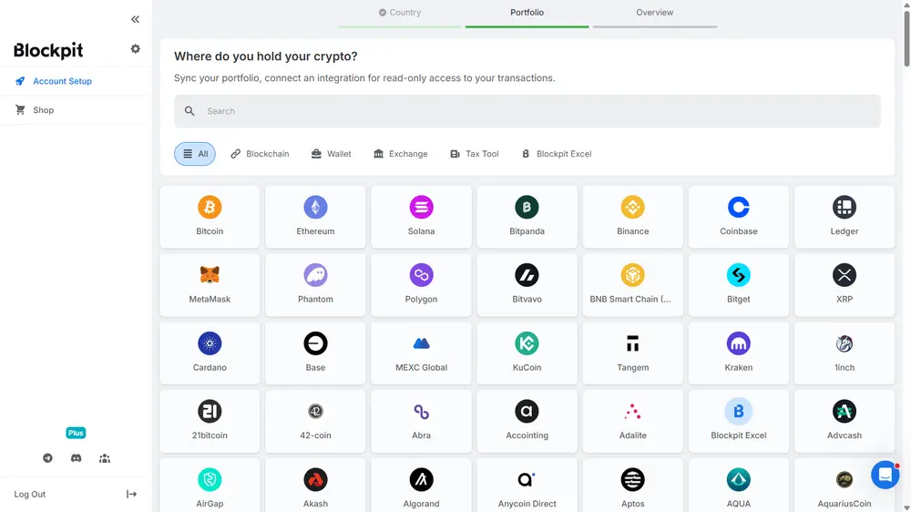 Blockpit Onboarding: Auswahl der Integrationen mit Suche über Börsen, Wallets und Blockchains