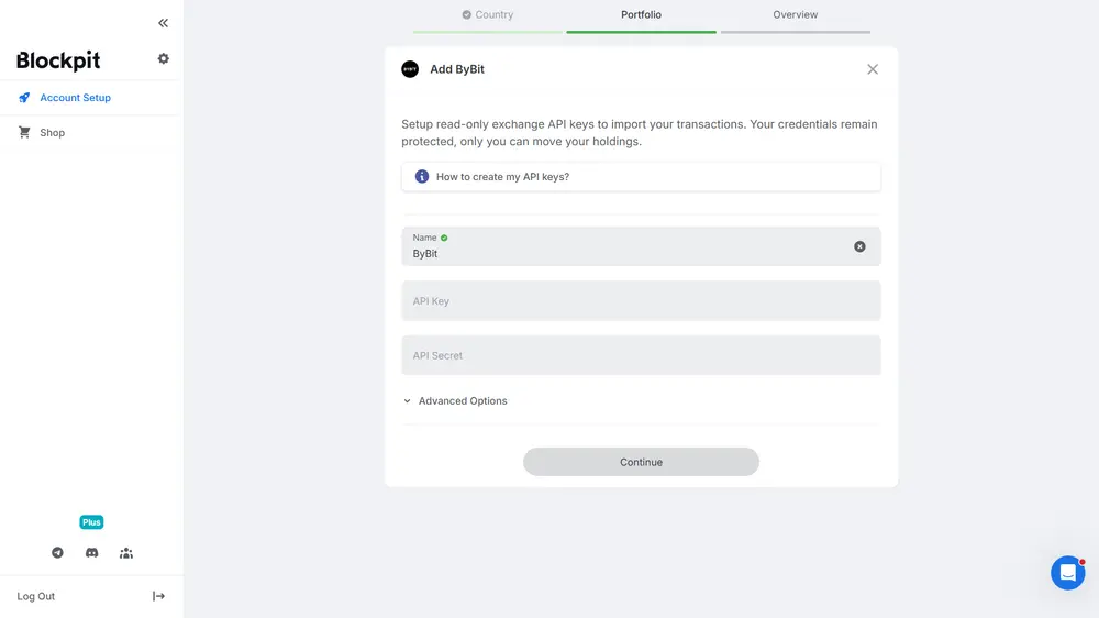 Blockpit: Dialog zum Anbinden von Bybit per Read-only-API-Schlüssel