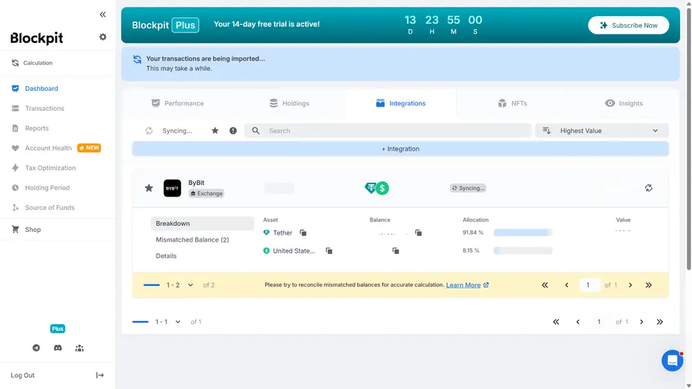 Blockpit Dashboard mit Integrations-Tab, Bybit-Sync und Hinweis auf Mismatched Balances