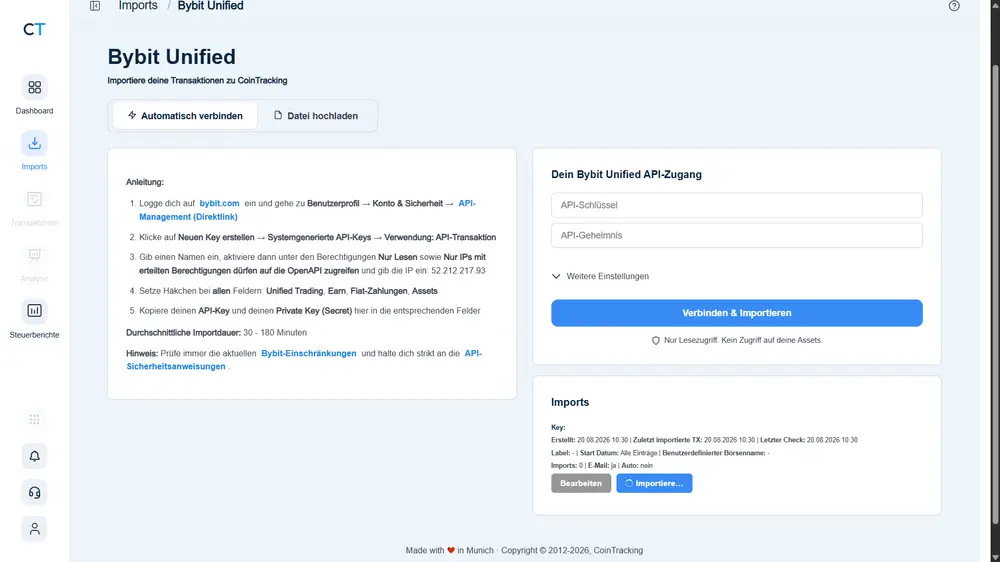 CoinTracking: Import-Seite für Bybit mit fünfschrittiger Anleitung direkt auf der Seite