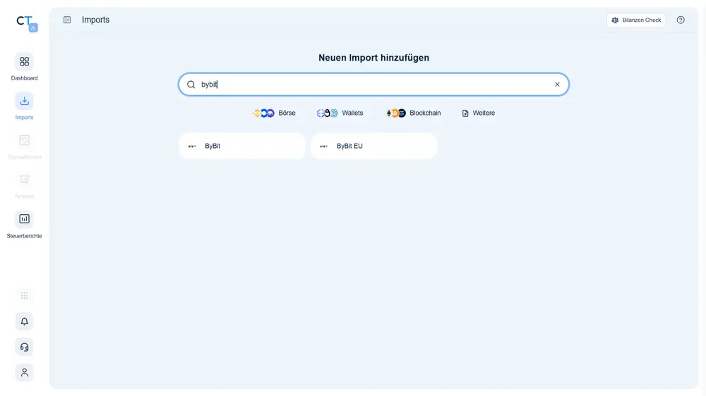 Import-Auswahl mit Suche nach der Börse — getrennte Einträge für ByBit und ByBit EU