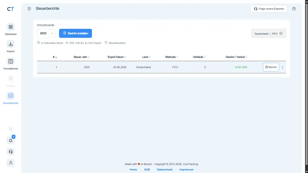 CoinTracking Steuerberichte mit Auswahl von Jahr, Land Deutschland und Methode FIFO